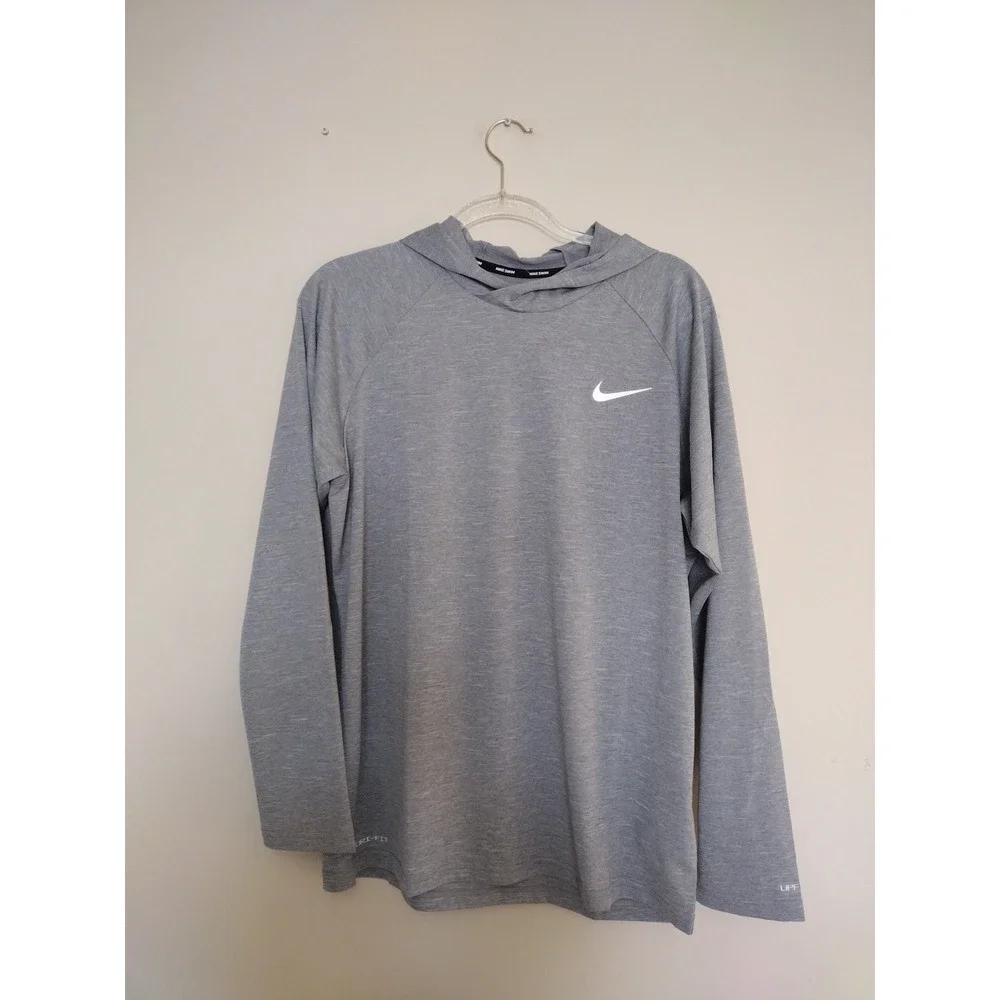 Nike Swim Top Men M Gray Dri-Fit UPF 40+‎ Hooded Athletic Logo Long Sleeves
